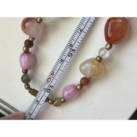 Polished Multi Stone Beggar Bead Necklace Multicolor Multi Color Agate 32” Brass - Picture 5 of 6